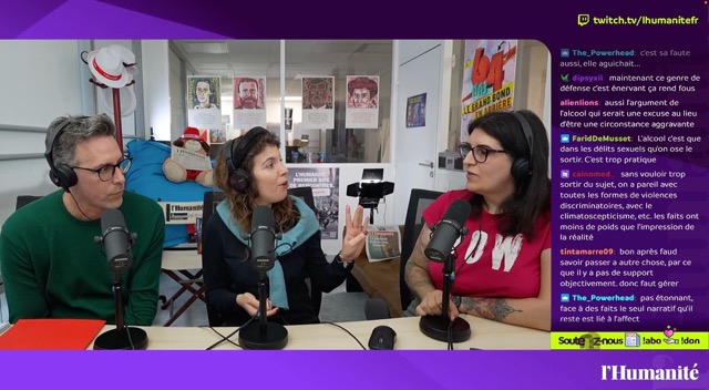 Capture d'écran du live Twitch de la chaine lhumanitefr du 30 octobre 2024. Animé par Eliane Michelon-Payet (à droite) avec pour intervenants Alexandre Fache, journaliste à l'Humanité (à gauche) et Violaine de Filippis Abate, avocate spécialisée (au centre)