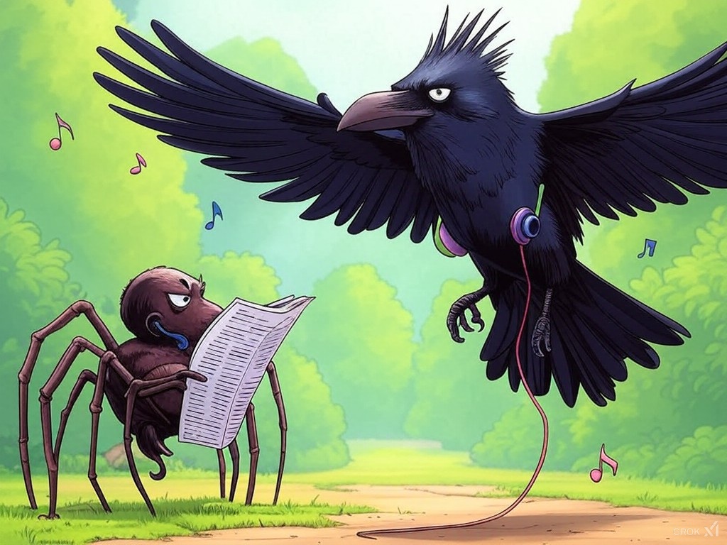 Un corbeau avec des écouteur survole une araignée qui lit le journal.